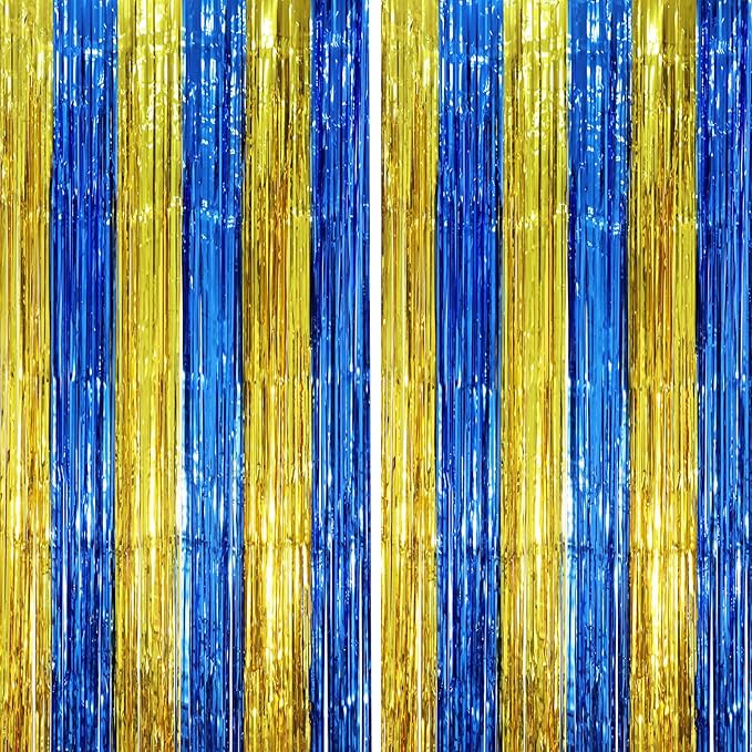 2 Pack Blue Gold Foil Fringe Backdrop Curtains, Graduation Tinsel Streamers by Voircoloria