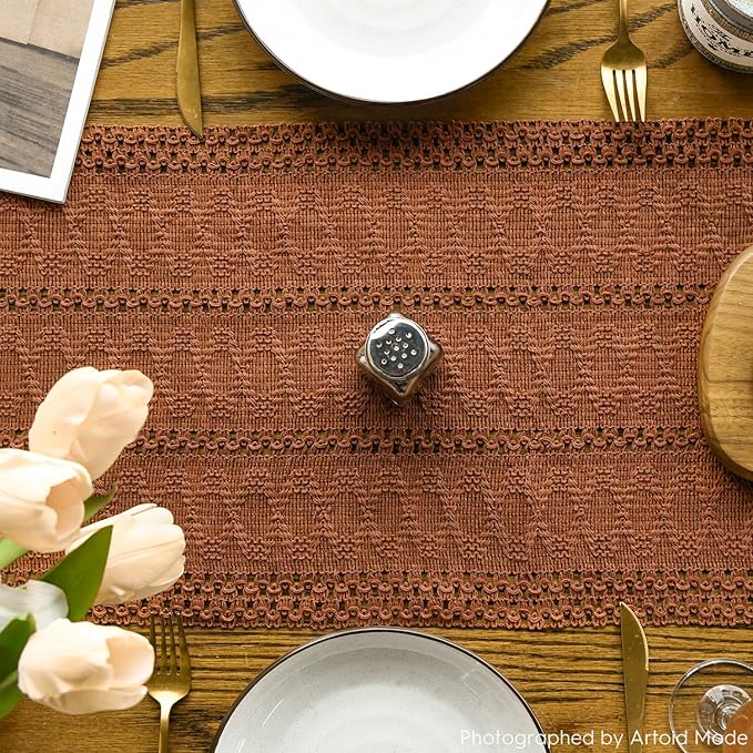 Artoid Mode Caramel Farmhouse Woven Rustic Hollow Table Runner, Seasonal - Image 3