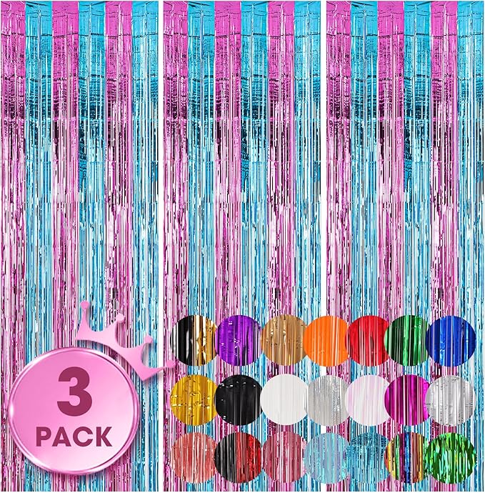 3 Pack 3.3x8.2 Feet Blue and Pink Foil Fringe Backdrop Curtains, Tinsel by Voircoloria