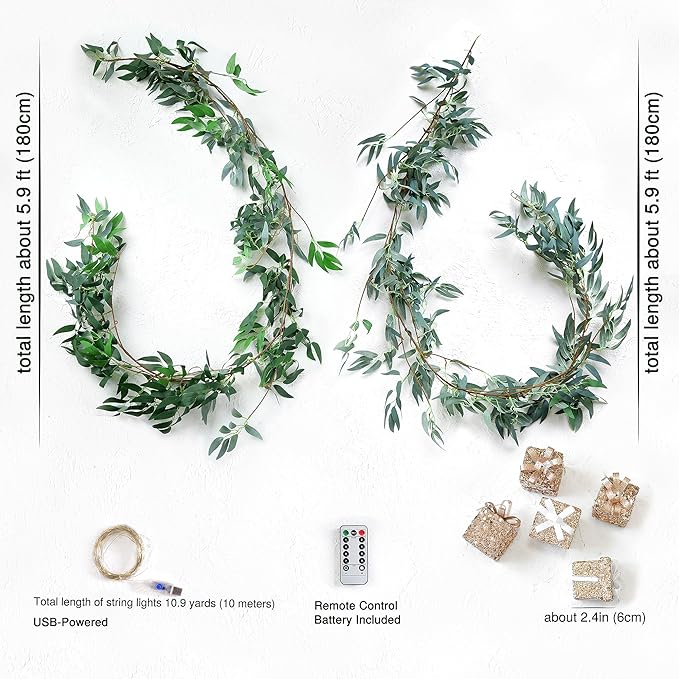Artificial Willow Garland with Lights & Ornaments – 2-Pack Lighted Greenery Vine - Image 4