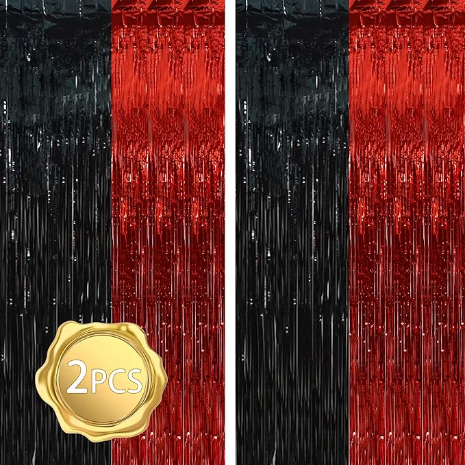 BEISHIDA 2Pcs Red Black Door Streamer Casino Backdrop Foil Fringe Tinsel Casino by Beishida
