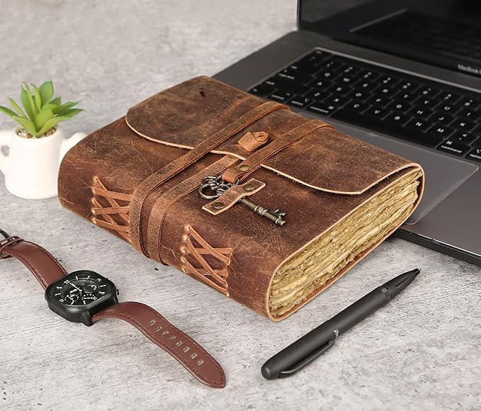 Leather Journal with Deckle Edge Paper 7x5 inch and Vintage Key | Handmade - Image 7