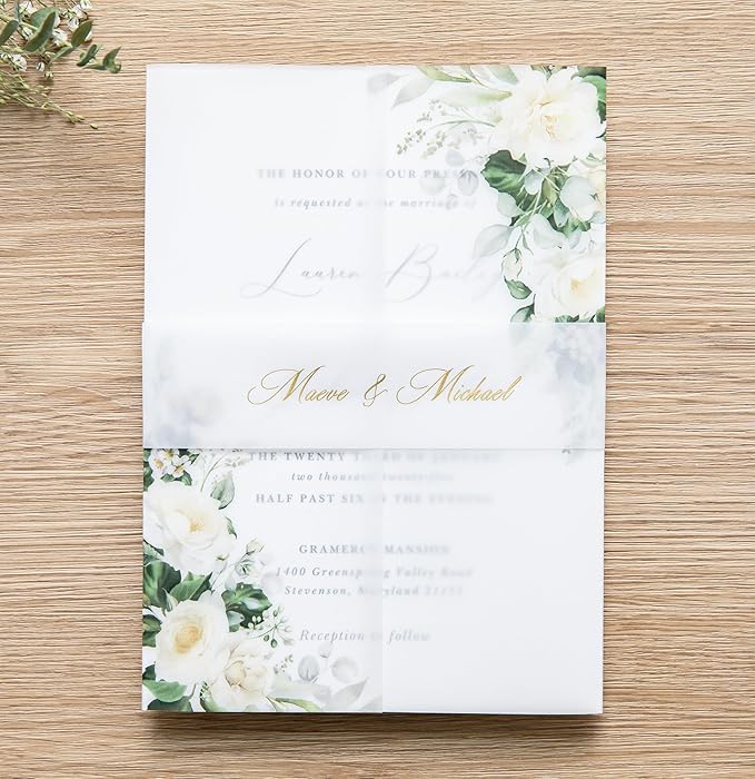 PONATIA 50 PCS Vellum Jackets for 5x7 Invitations- 135gsm White Floral Printed - Image 6
