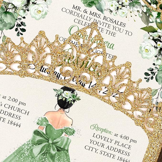 50Pcs Sage Green Crown Quinceanera Invitation - Image 4