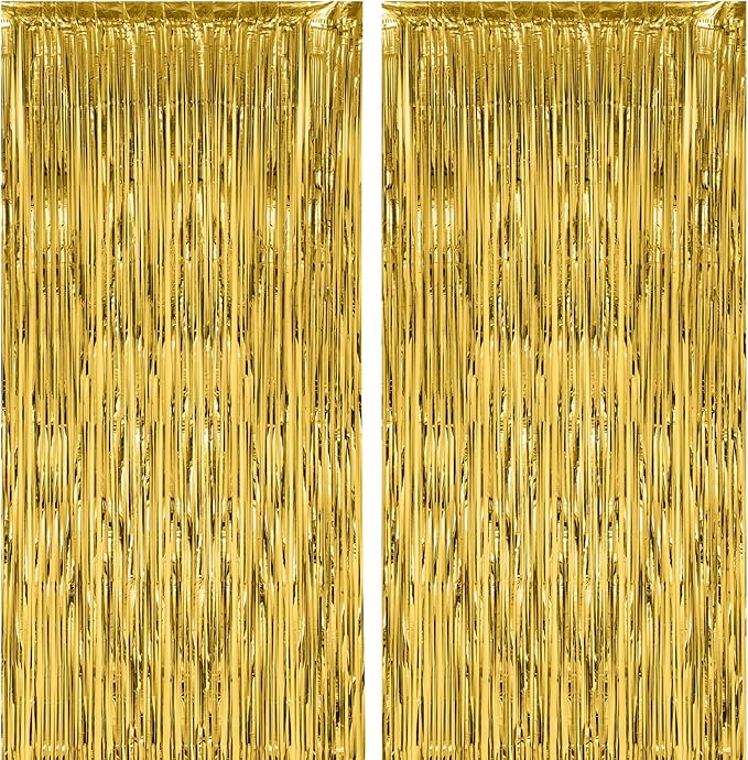 2 Pack Gold Foil Fringe Backdrop Curtains, Tinsel Streamers Birthday Party by Voircoloria