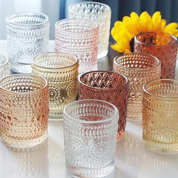 12 pcs Glass Votive Candle Holders, 6 Colors 3 Patterns Tealight Candle Holders - Image 4