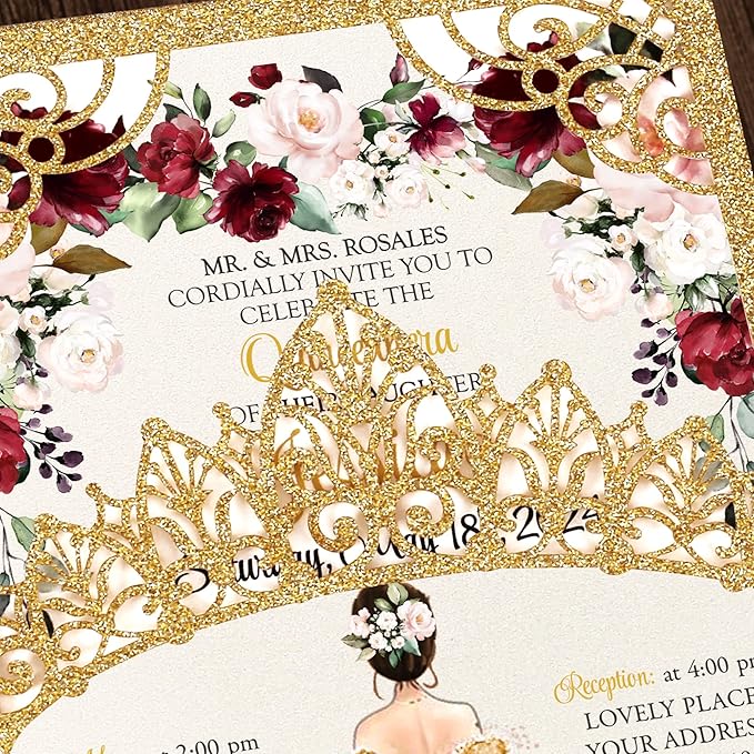 50Pcs Gold Crown Quinceanera Invitation - Image 5