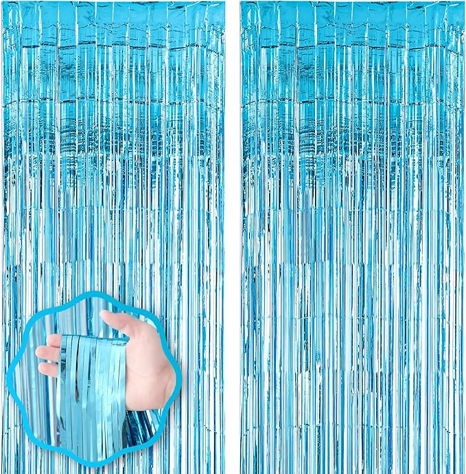 2 Pack 3.3x8.2 Feet Light Blue Foil Fringe Backdrop Curtains, Tinsel Streamers by Voircoloria