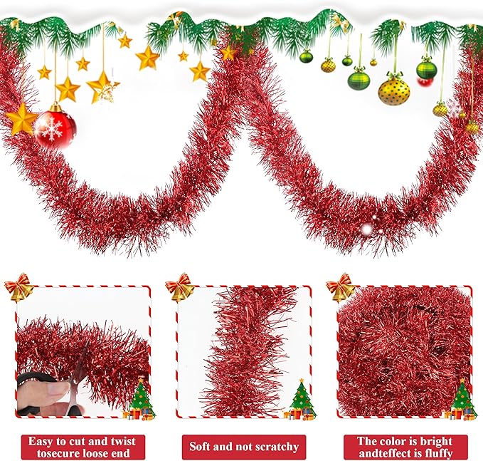 32.8 Ft Red Christmas Tinsel Garland Metallic Shiny Tassle Banner Wall Hanging - Image 3