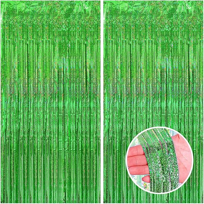 CANREVEL 2 Pack 3.3x8.2 Feet Laser Green Foil Fringe Backdrop Curtains by CANREVEL