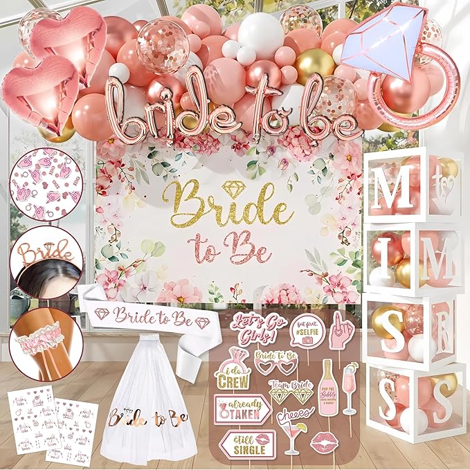 189 pc Bridal Shower Party Decorations – Balloons, Bride to Be Sash, Props – by RainMeadow