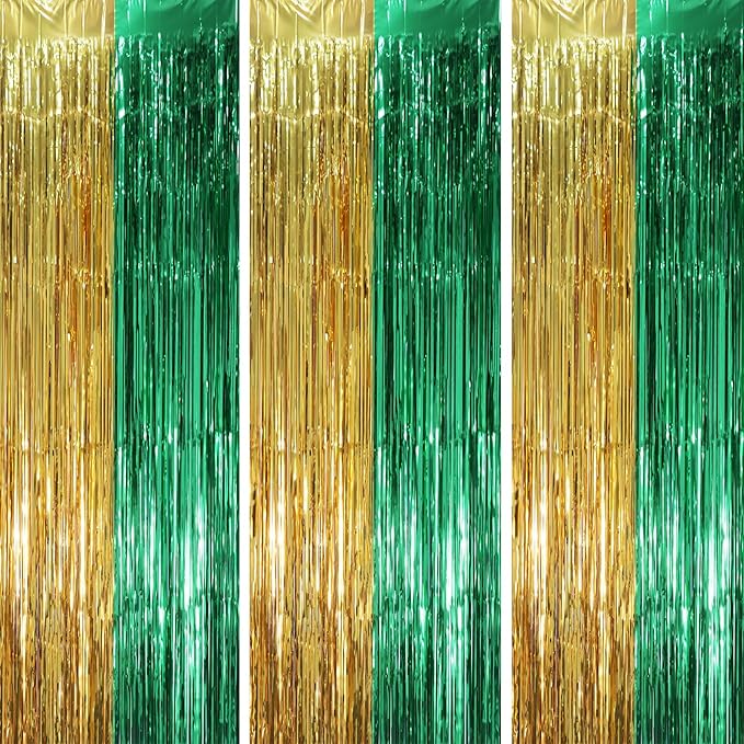 3 Pack 3.3 x 8.2 ft Green and Gold Foil Fringe Backdrop Curtains, Tinsel by Voircoloria