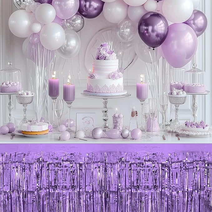 1 Pack Light Purple Table Skirts, 29x108" Metallic Foil Tinsel Fringe Table - Image 5