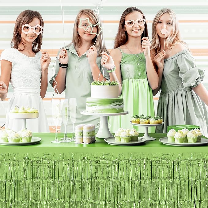 8 Pack Light Green Table Skirts, 29x108" Metallic Foil Tinsel Fringe Table - Image 6
