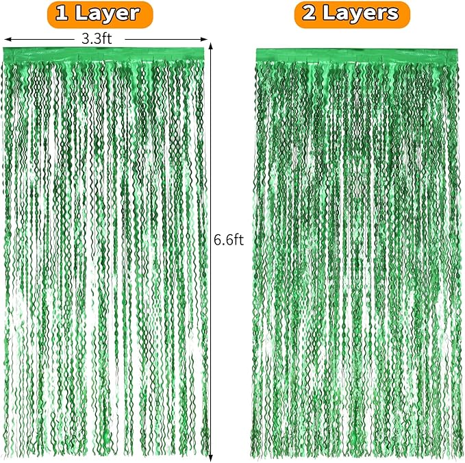 4Pcs Wavy Green Fringe Backdrop -3.3x6.6ft Green Streamer Foil Curtains - Image 6