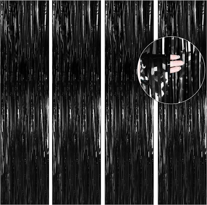 BTSD-home 4 Pack Black Foil Fringe Curtain Backdrop Metallic Photo Booth by BTSD-home