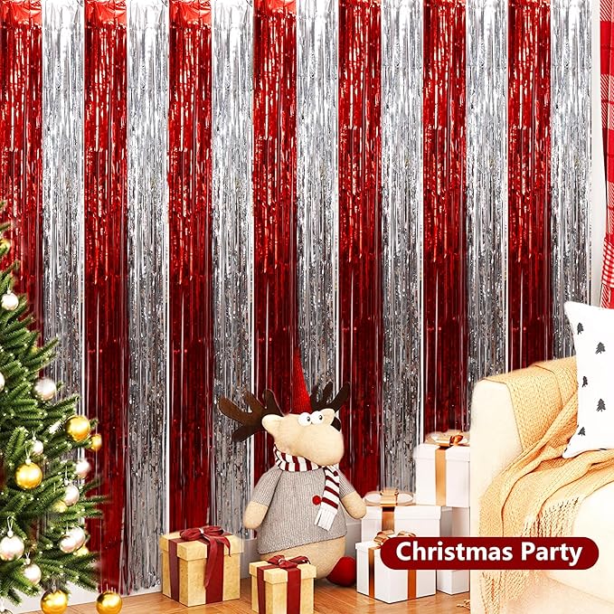 BEISHIDA Red Silver Door Streamers Backdrop Foil Fringe Tinsel Party Streamers - Image 3