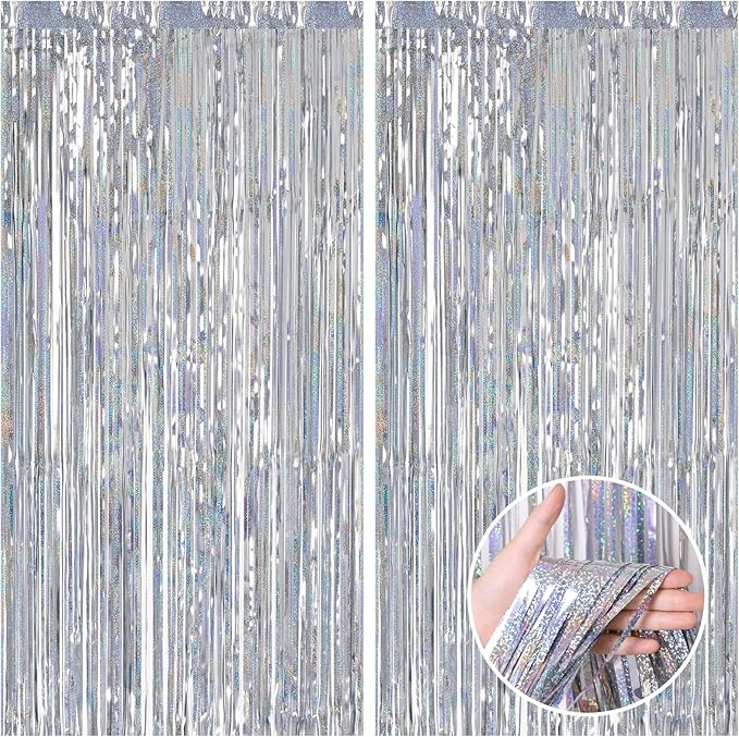 CANREVEL 2 Pack 3.3x8.2 Feet Laser Silver Foil Fringe Backdrop Curtains by CANREVEL
