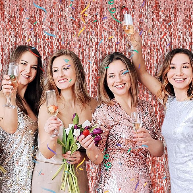 Rose Gold Tinsel Foil Fringe Curtains Wavy Backdrop - Image 3