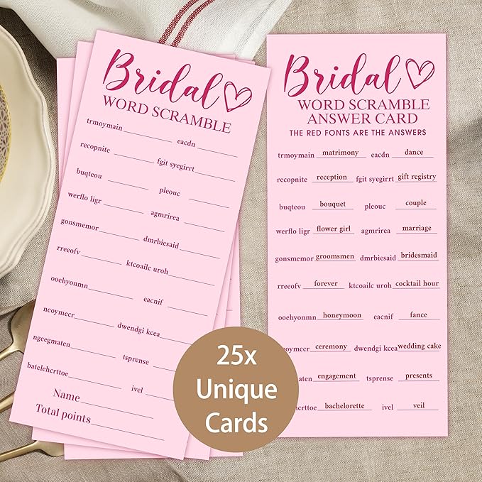 Pink Wedding Shower Games Cards, Bridal Word Scramble, 25 Game Cards - Image 3