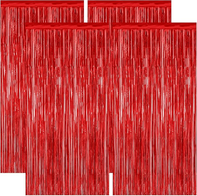 4 Pack Red Backdrop, 3.28 FT x 7.05 FT Party Streamer, Metallic Birthday Tinsel by ZATAYE