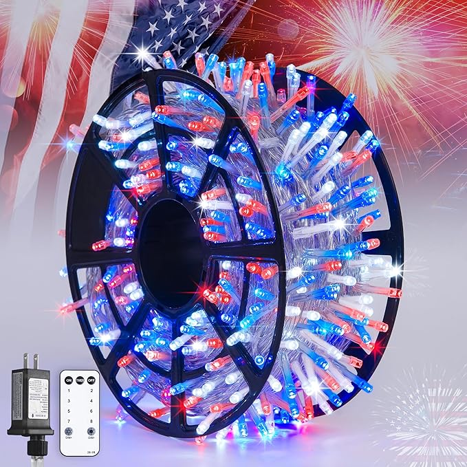 JMEXSUSS 600 LED Red White and Blue Lights Outdoor Plug in, 4th of July by JMEXSUSS