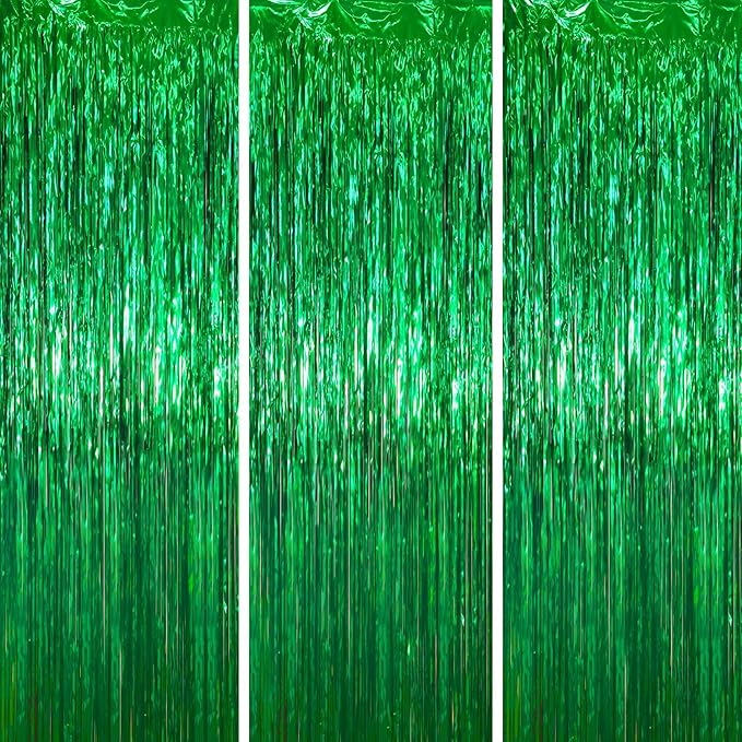 3 Pack 3.3 x 6.6 ft Green Foil Fringe Backdrop Curtains, Tinsel Streamers Party by Voircoloria