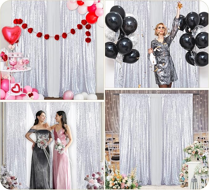 Silver Sequin Backdrop 2 Panels Christmas Party Backdrop Curtain, Glitter Photo - Image 3