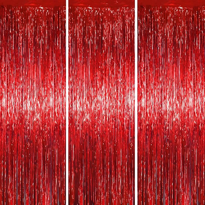 3 Pack 3.3 x 6.6 ft Red Foil Fringe Backdrop Curtains, Tinsel Streamers Party by Voircoloria