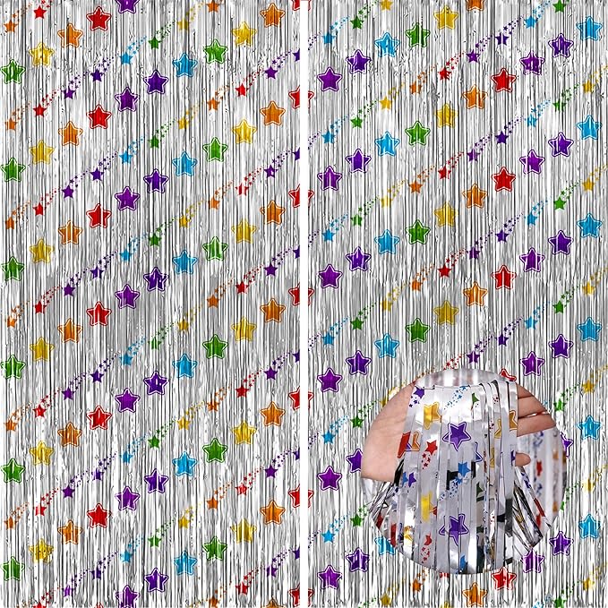 KatchOn, Star Silver Foil Fringe Curtains – Pack of 2 | Silver Fringe Backdrop by KatchOn