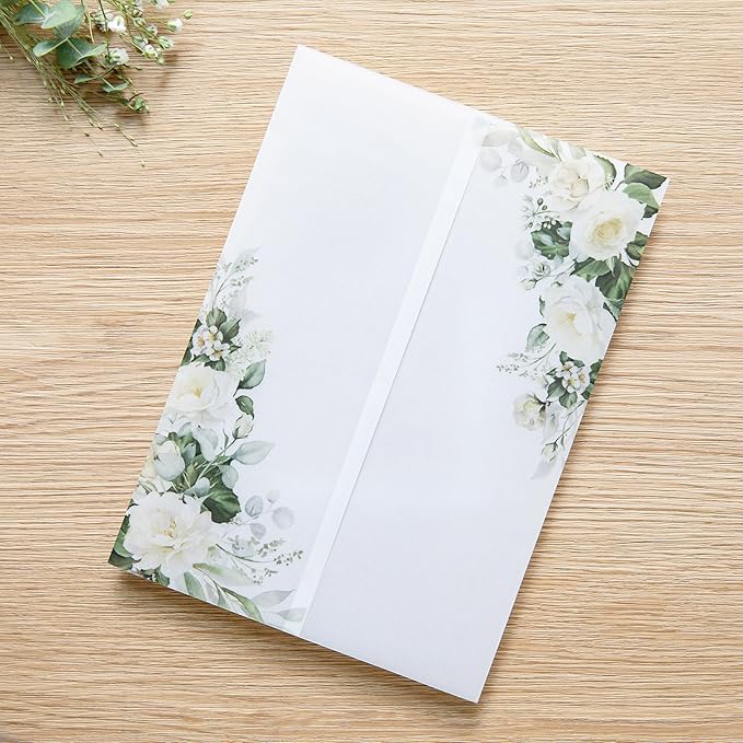 PONATIA 50 PCS Vellum Jackets for 5x7 Invitations- 135gsm White Floral Printed by ponatia