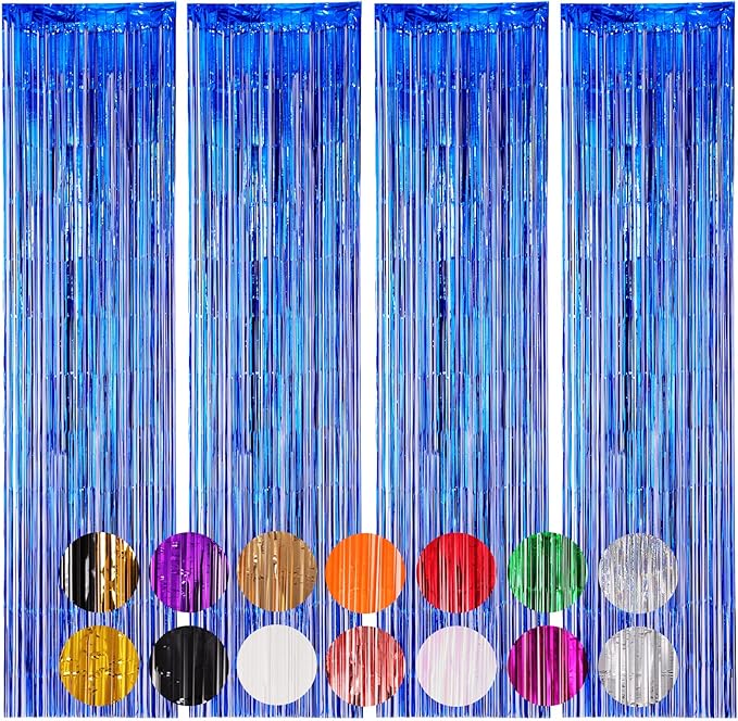 4 Pack Blue Foil Fringe Backdrop Curtains, Tinsel Streamers Birthday Party by Voircoloria