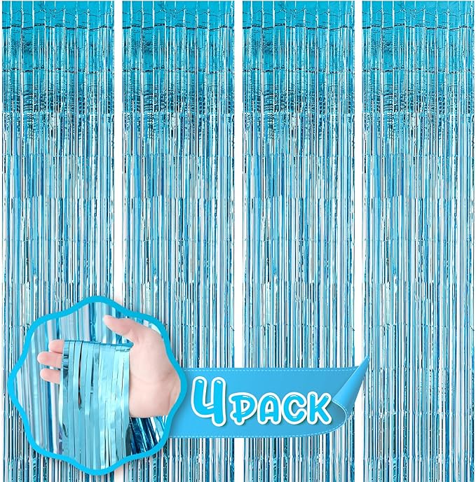 4 Pack 3.3x8.2 Feet Light Blue Foil Fringe Backdrop Curtains, Tinsel Streamers by Voircoloria