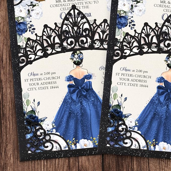 50Pcs Navy Blue Crown Invitations - Image 3