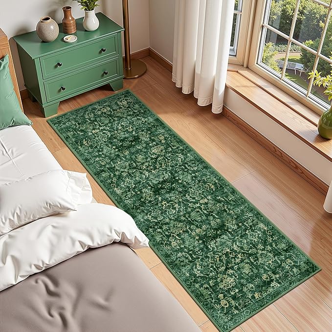 Dark Green 2x6 Runner Rug for Hallways Bed Side Kitchen, Boho Washable - Image 4