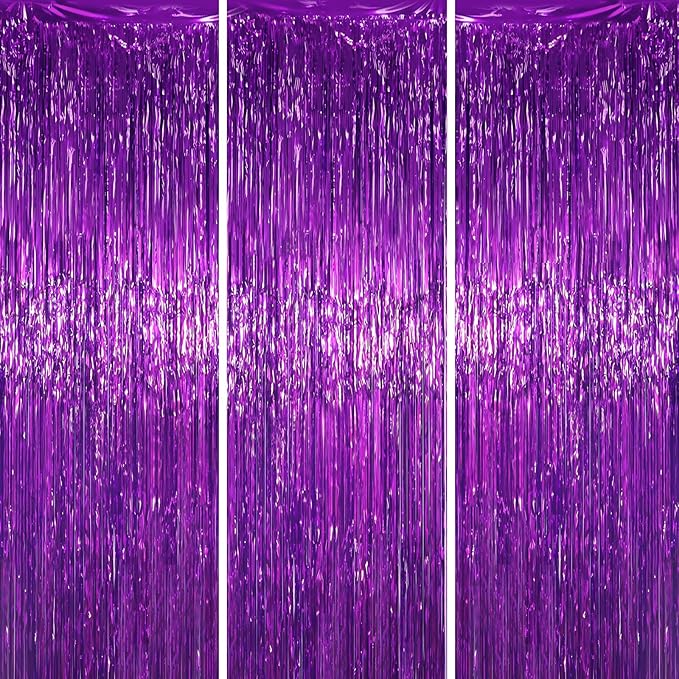 3 Pack 3.3 x 6.6 ft Purple Foil Fringe Backdrop Curtains, Tinsel Streamers by Voircoloria
