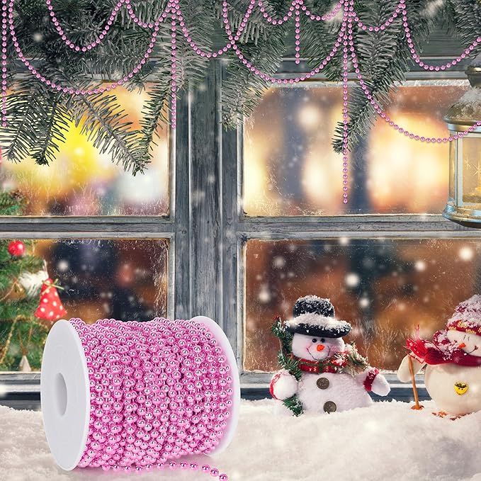 100 FT Pink Christmas Tree Beads Garland, Plastic Xmas Tree Beads Trim Chain - Image 2