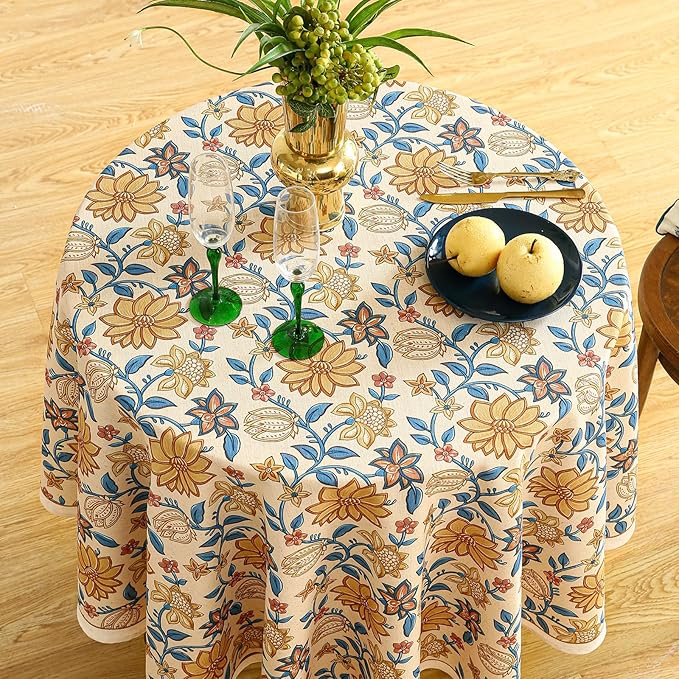 ISAENNE Designer Bohemian Floral Round Tablecloth, Linen Colorful Table Cloth - Image 9