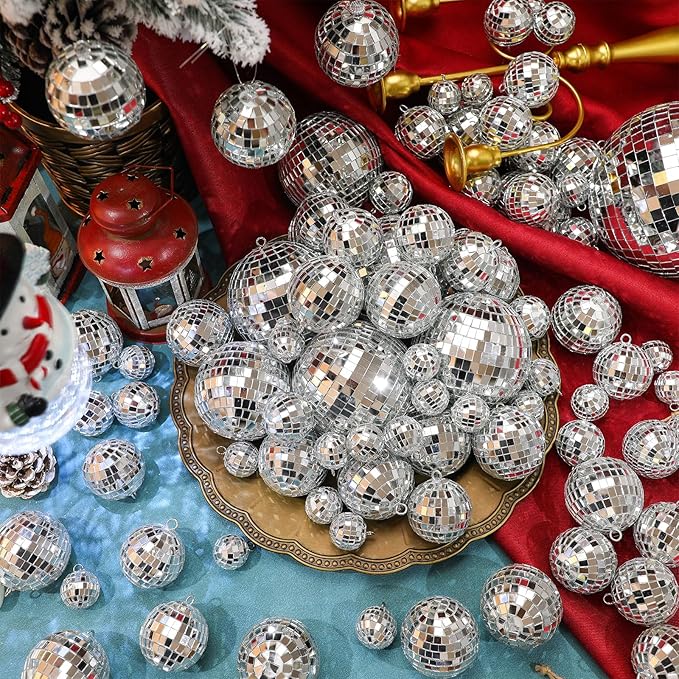 Funtery 100 Pcs Mirror Disco Balls Bulk Assorted Silver Hanging Disco Ball Decor - Image 2