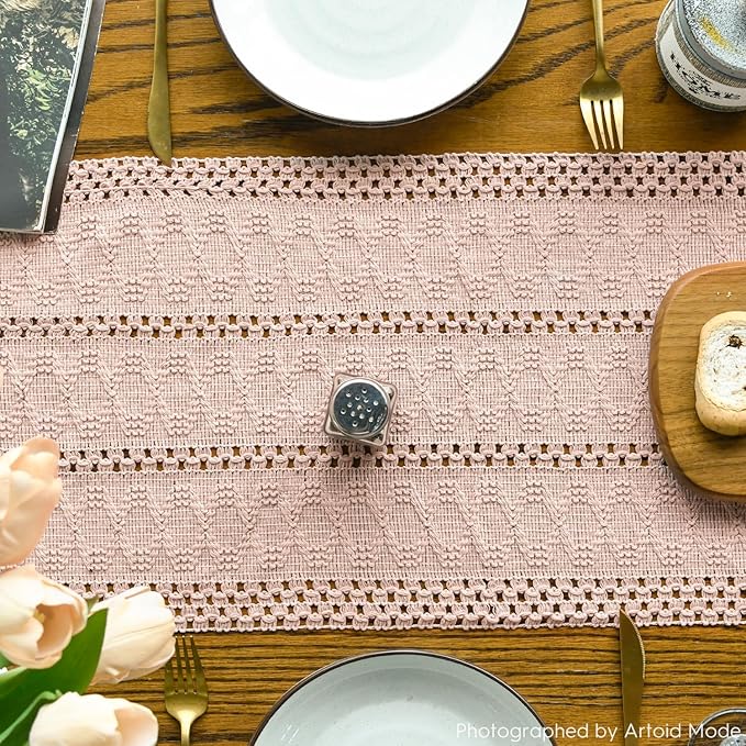Artoid Mode Pink Farmhouse Woven Rustic Hollow Table Runner, Seasonal Holiday - Image 3
