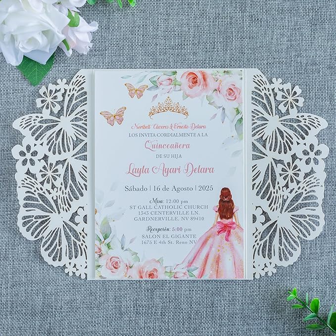 20 PCS 5.12x7.2 Butterfly Personalized Quinceanera Invitation, Customized XV - Image 3