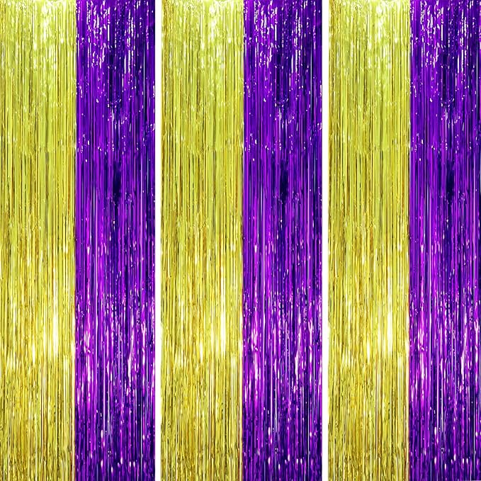 3 Pack 3.3 x 8.2 ft Purple and Gold Foil Fringe Backdrop Curtains, Tinsel by Voircoloria