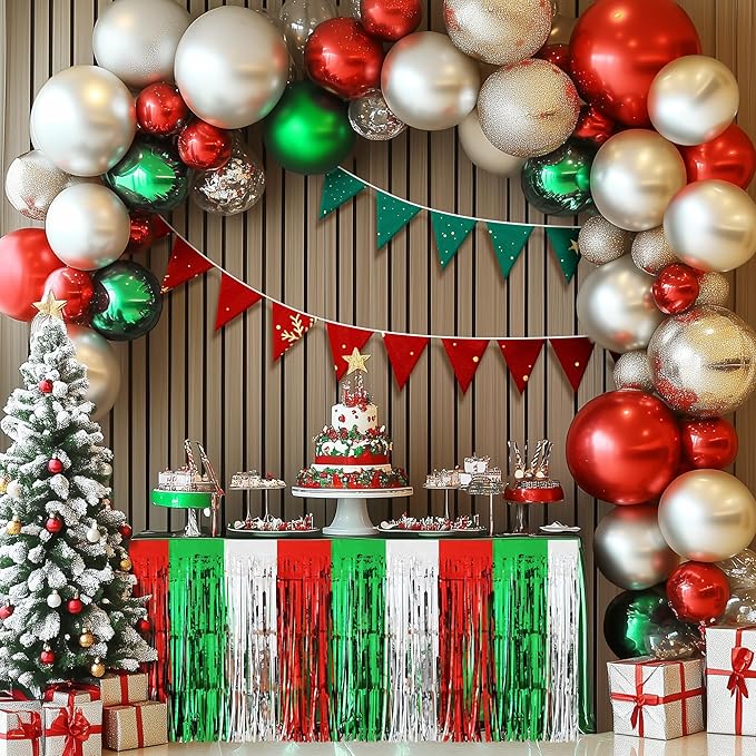 2 Pack Christmas Table Skirts, 29x108" Red & Silver & Green Metallic Foil - Image 2
