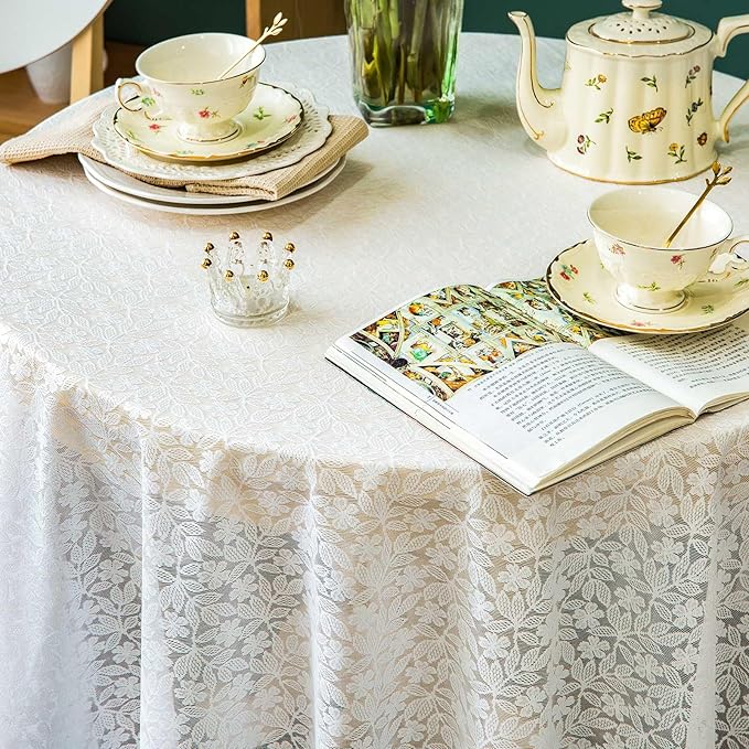 Lace Tablecloth Leaf Pattern Warp Knitting Fabric Solid White Round Table Cover - Image 3