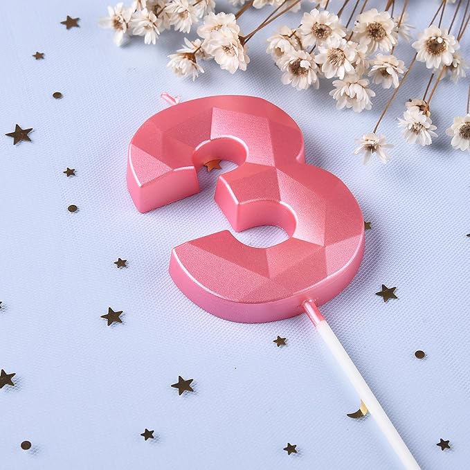 PHD CAKE 2.76 Inch Crystal Pink 3 Number Birthday Candles, Cake Number Candles - Image 2