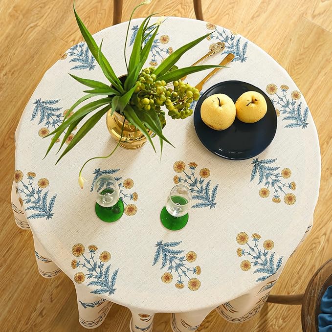 ISAENNE Designer French Pale Yellow Small Round Tablecloth, Linen Floral Table - Image 6