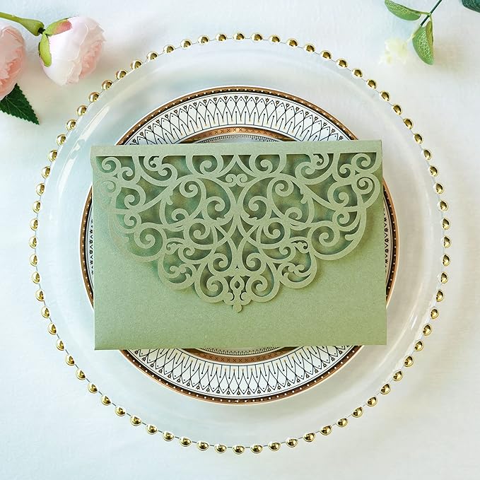 ponatia 5.12 x 7.2 Sage Green Laser Cut Wedding Invitations - Image 5