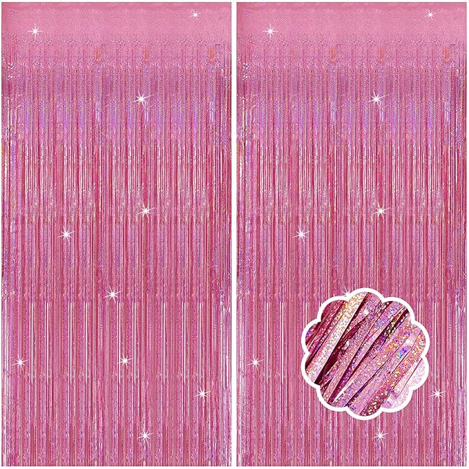 2 Pack Pink Door Streamers Backdrop Glitter Tinsel Curtains Backdrop Pink by Unknown