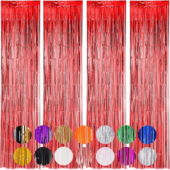 4 Pack Red Foil Fringe Backdrop Curtains, Tinsel Streamers Birthday Party by Voircoloria