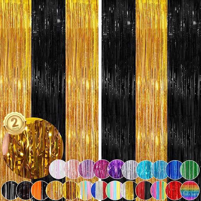 Black Gold Streamer Tinsel Foil Fringe Curtains Streamer 2Pack 3.3X 8.3Ft by UWPVOWSR